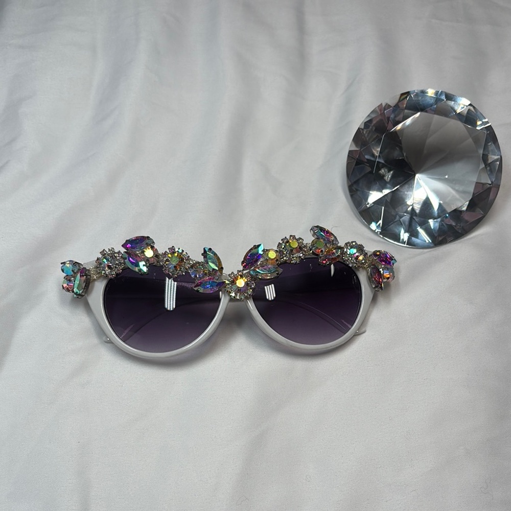 Embellished White Sunglasses with Purple Lenses